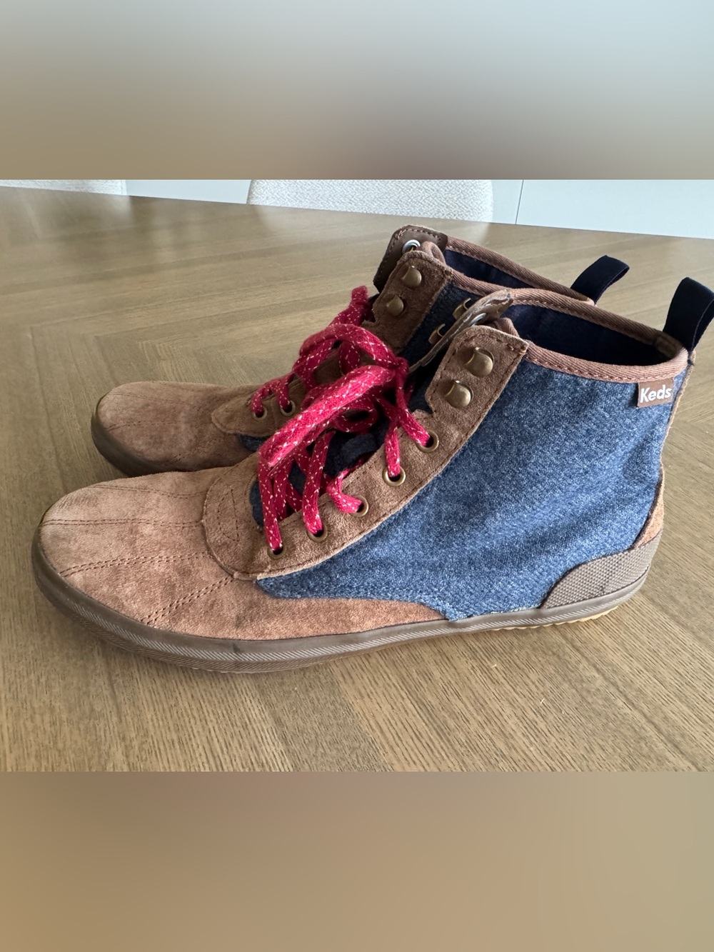 Keds Brown Suede & Blue Fabric High-Top Sneakers with Red Laces